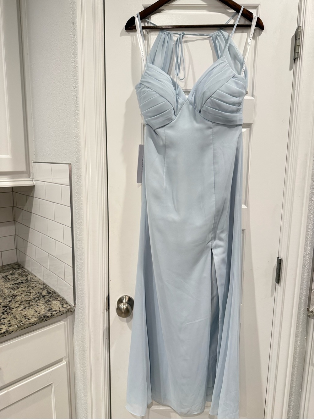 Azazie Light Blue Maxi Dress with Pleated Bodice NWT